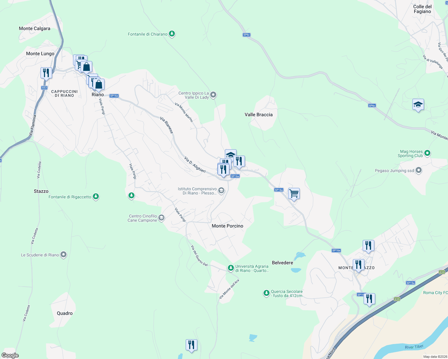 map of restaurants, bars, coffee shops, grocery stores, and more near 15 Via 24 Maggio in Riano