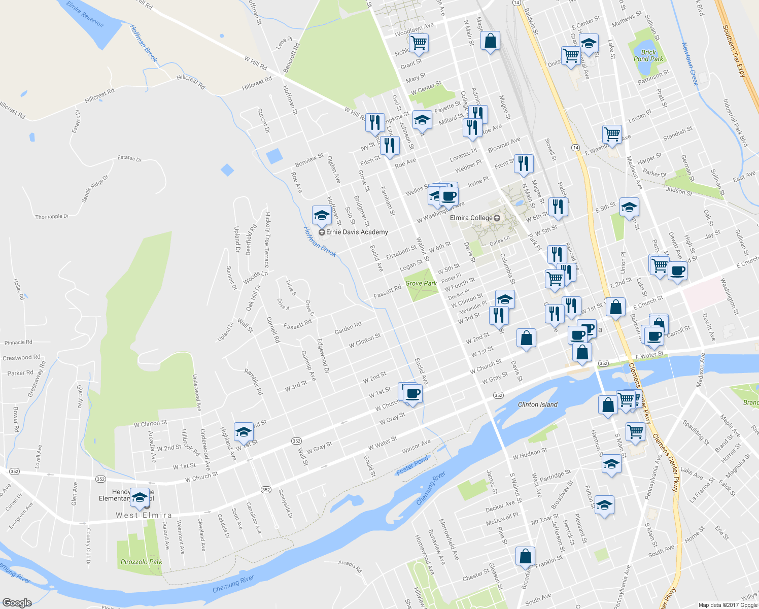 map of restaurants, bars, coffee shops, grocery stores, and more near 670 Hoffman Street in Elmira