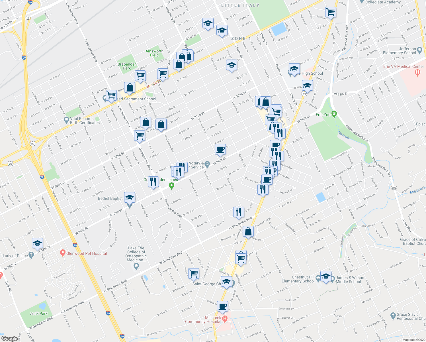 map of restaurants, bars, coffee shops, grocery stores, and more near 1338 West 39th Street in Erie