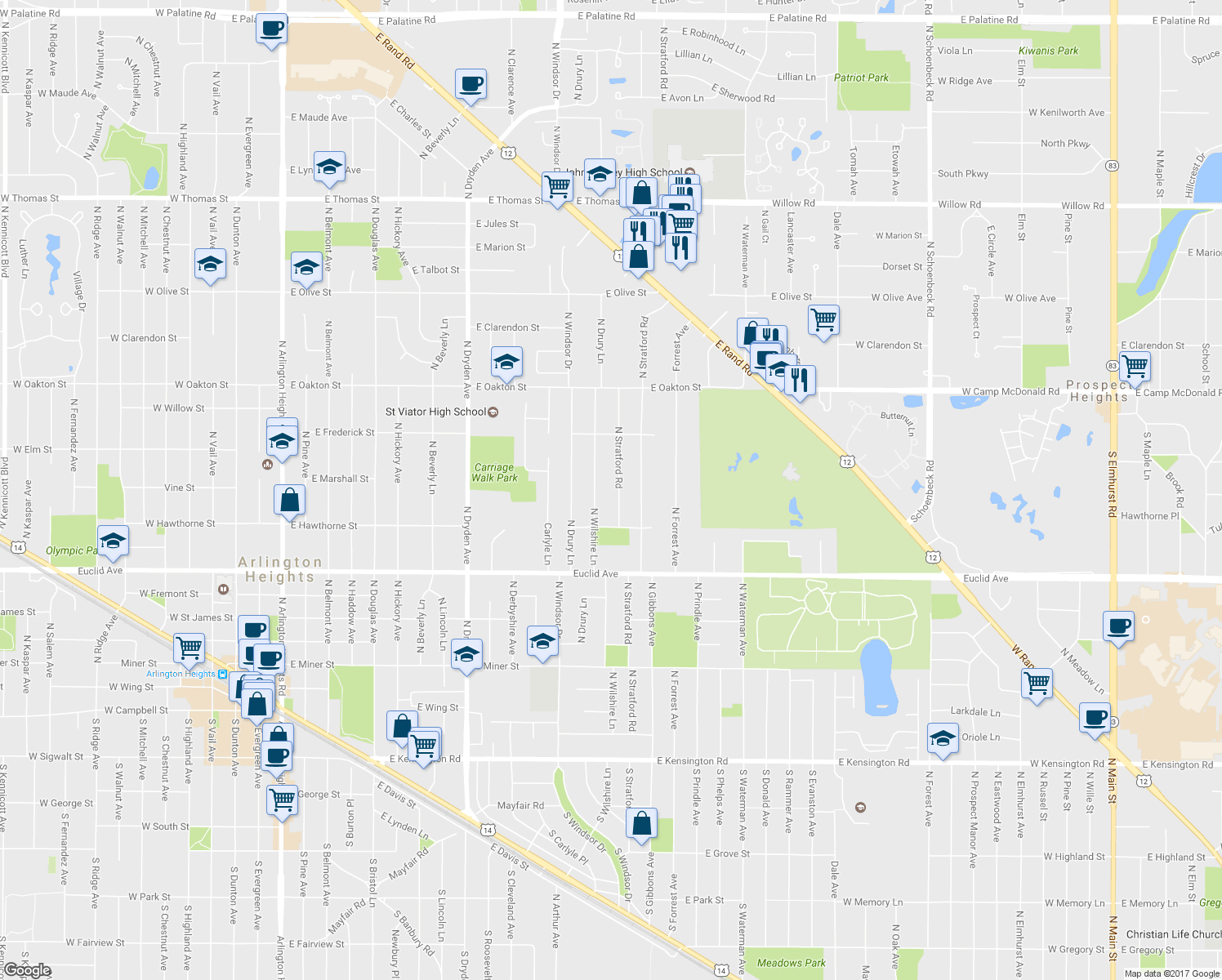 map of restaurants, bars, coffee shops, grocery stores, and more near 736 N Stratford Rd in Arlington Heights