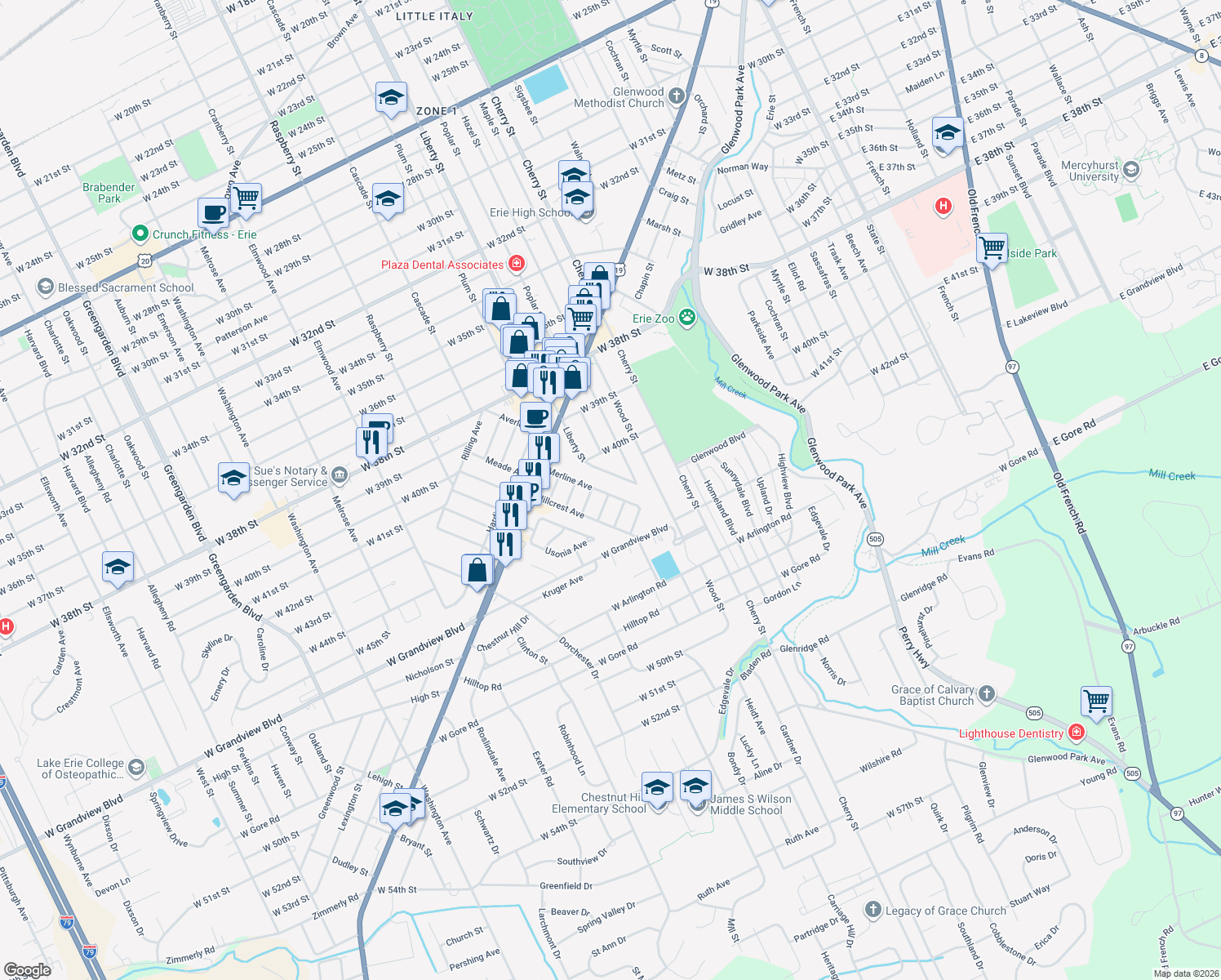 map of restaurants, bars, coffee shops, grocery stores, and more near 320 Merline Avenue in Erie