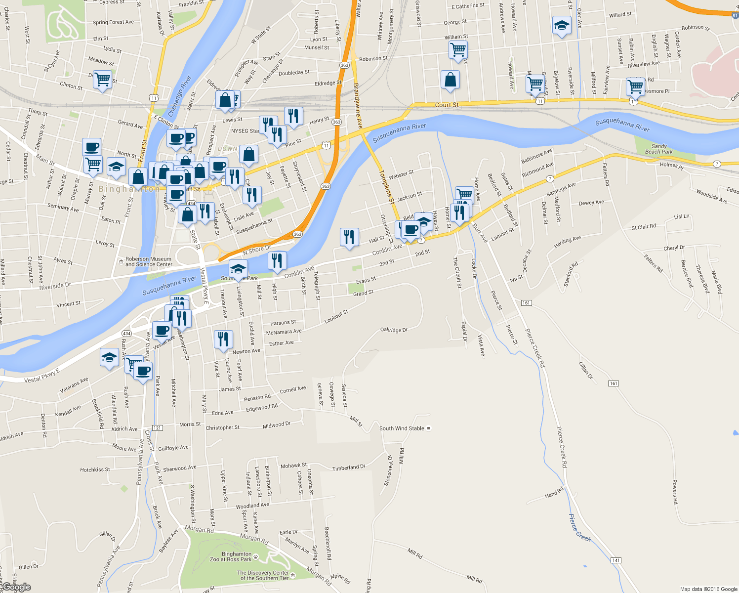 map of restaurants, bars, coffee shops, grocery stores, and more near 6 Lookout Street in Binghamton