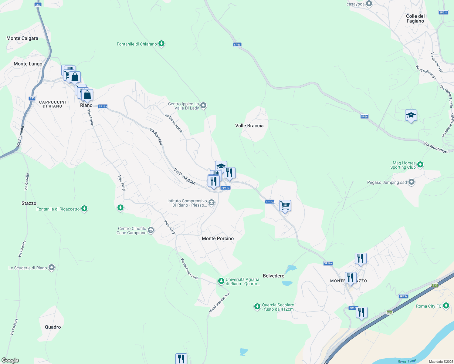 map of restaurants, bars, coffee shops, grocery stores, and more near 16 Strada Provinciale 16a in Riano