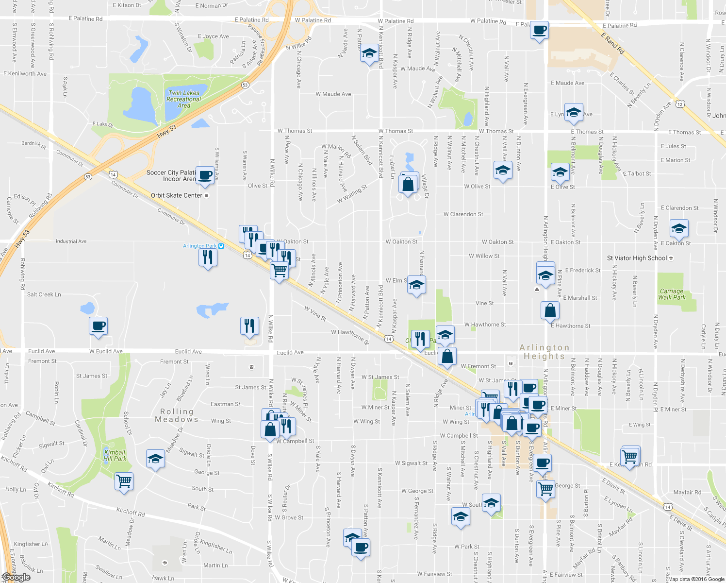 map of restaurants, bars, coffee shops, grocery stores, and more near 1011-1099 West Elm Street in Arlington Heights