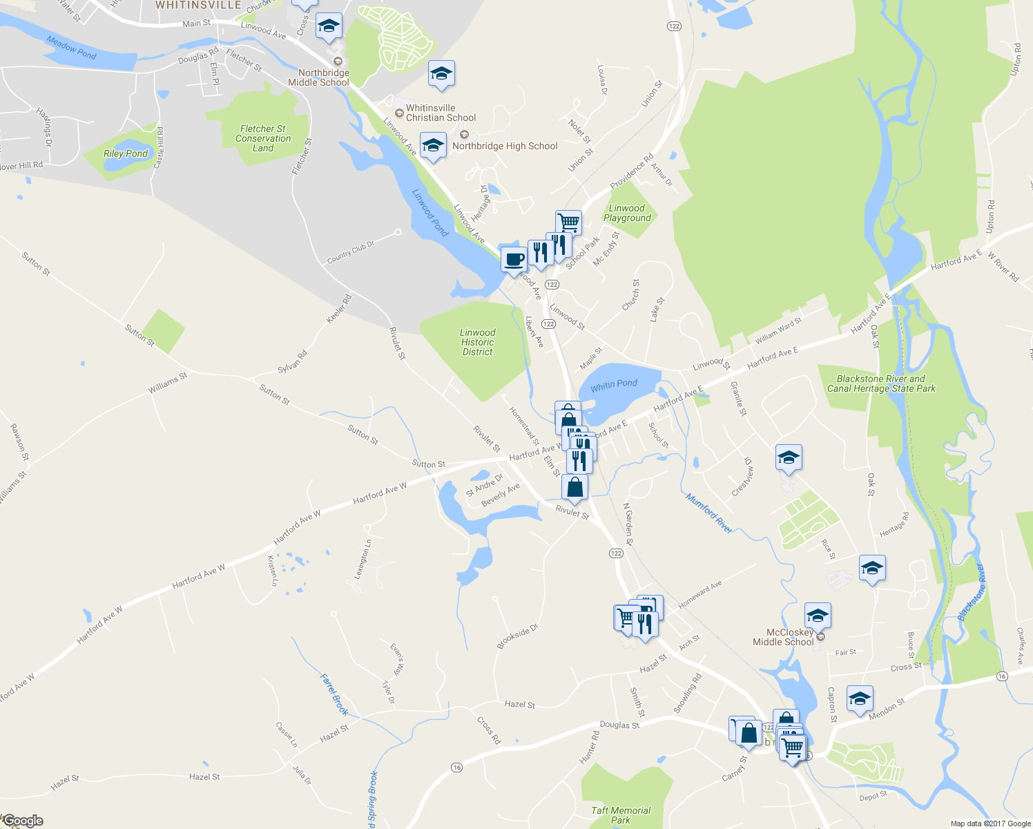 map of restaurants, bars, coffee shops, grocery stores, and more near 111 Elm Street in Uxbridge