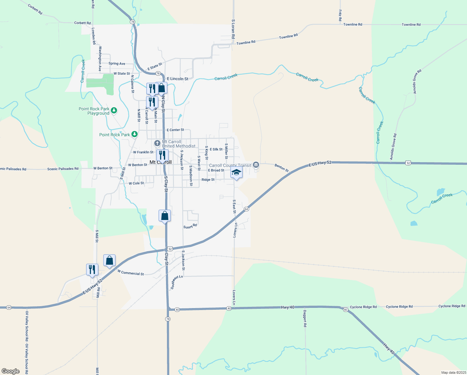 map of restaurants, bars, coffee shops, grocery stores, and more near 642 South East Street in Mount Carroll