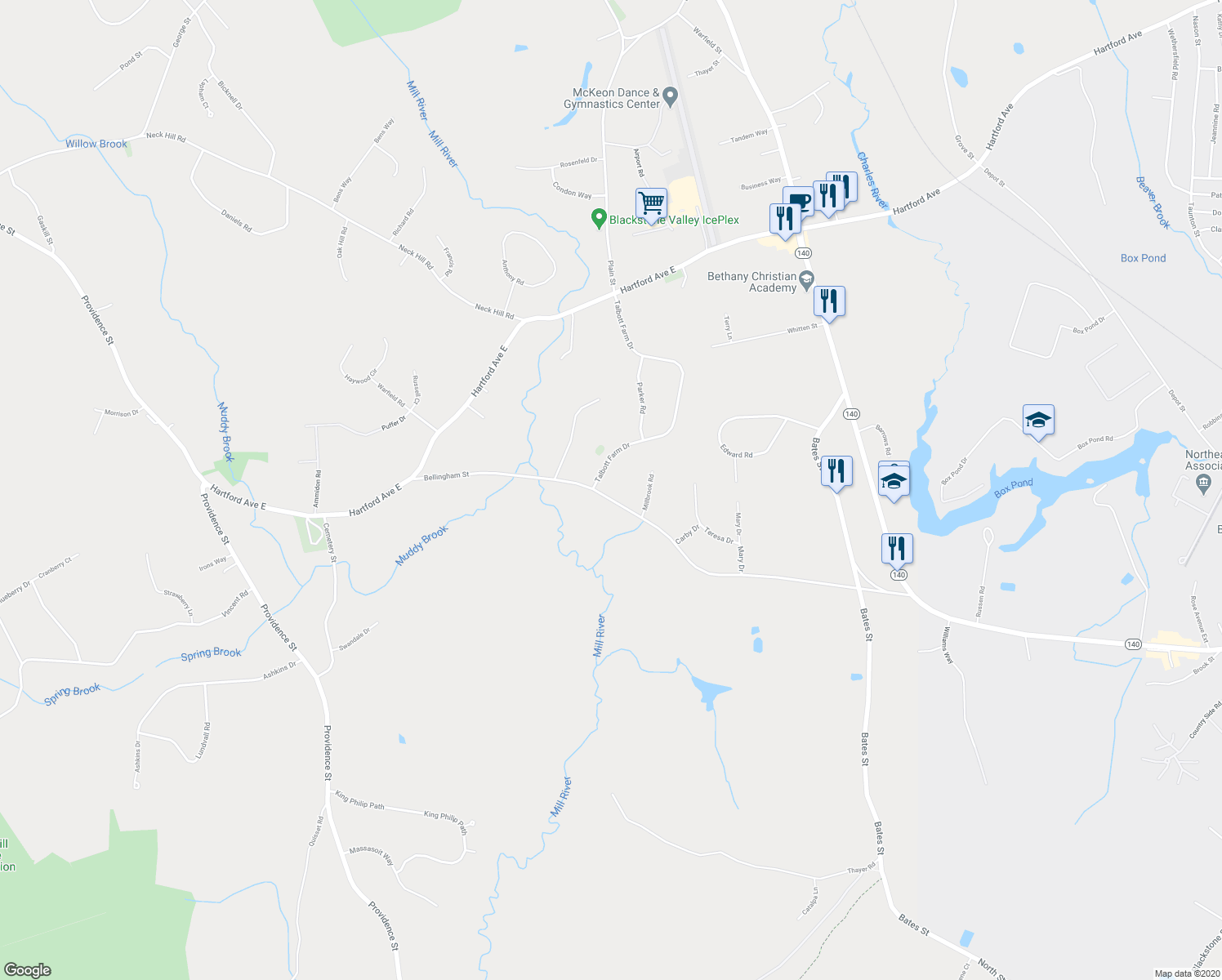 map of restaurants, bars, coffee shops, grocery stores, and more near 40 Bellingham Street in Mendon