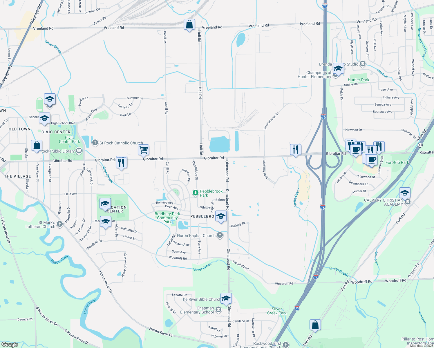 map of restaurants, bars, coffee shops, grocery stores, and more near 23151 Gibraltar Road in Flat Rock