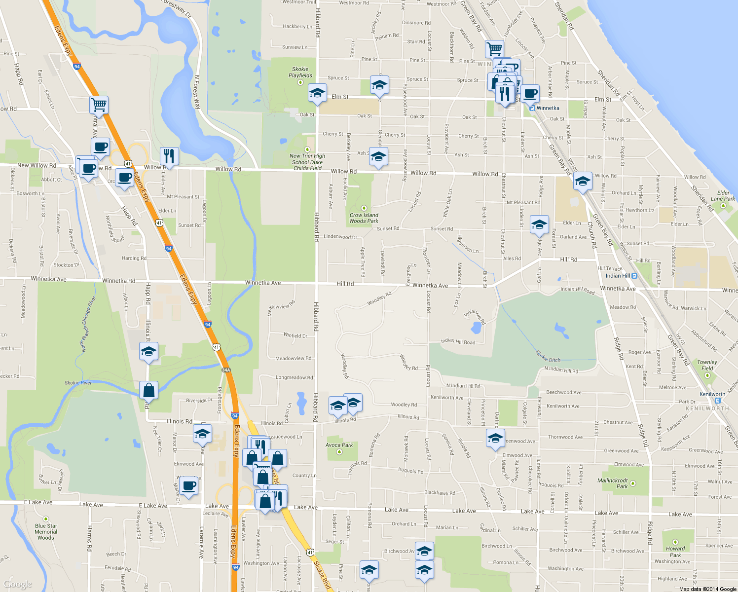 map of restaurants, bars, coffee shops, grocery stores, and more near 32 Woodley Rd in Winnetka