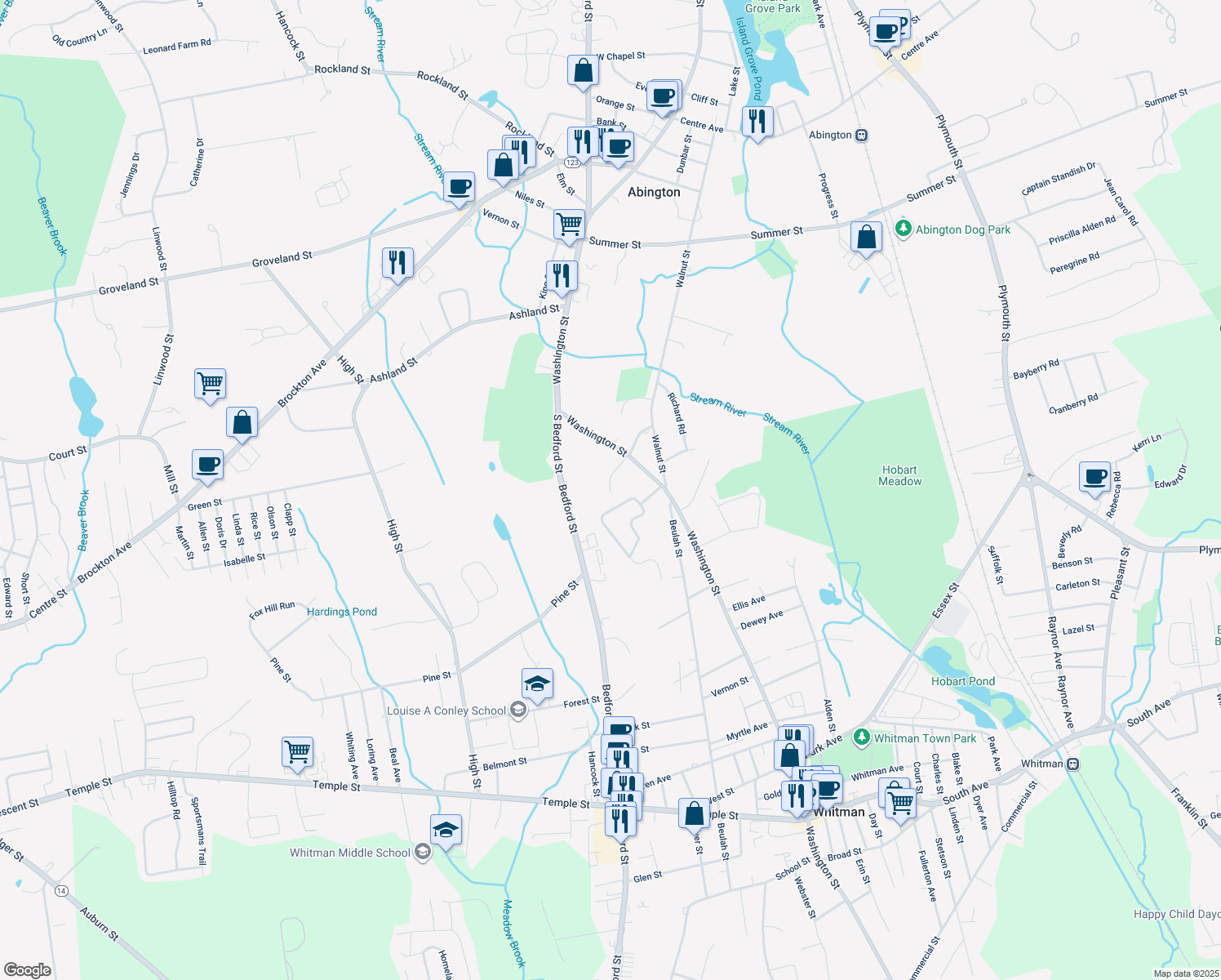 map of restaurants, bars, coffee shops, grocery stores, and more near 5 Danecca Drive in Whitman