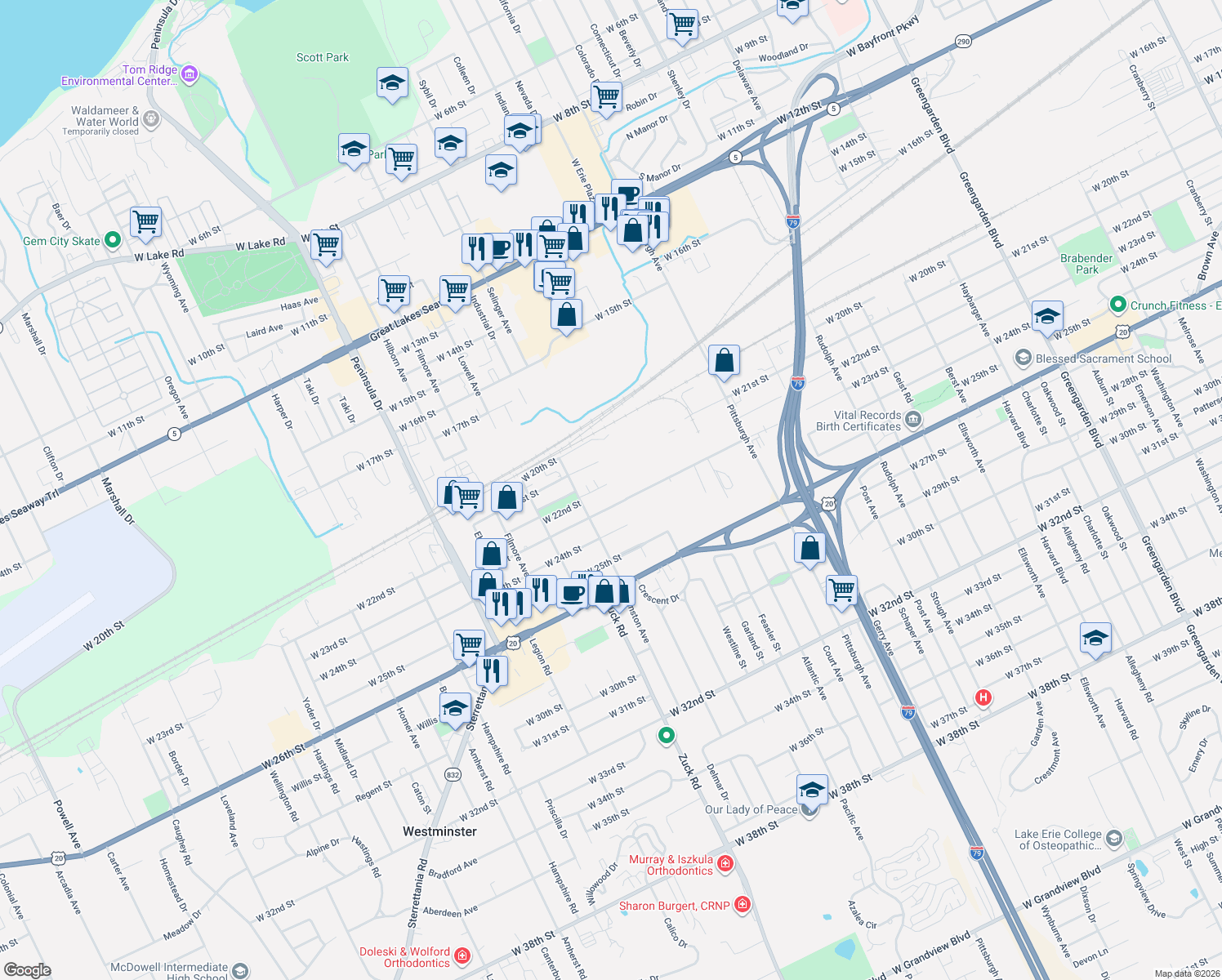 map of restaurants, bars, coffee shops, grocery stores, and more near 2543 W 22nd St in Erie