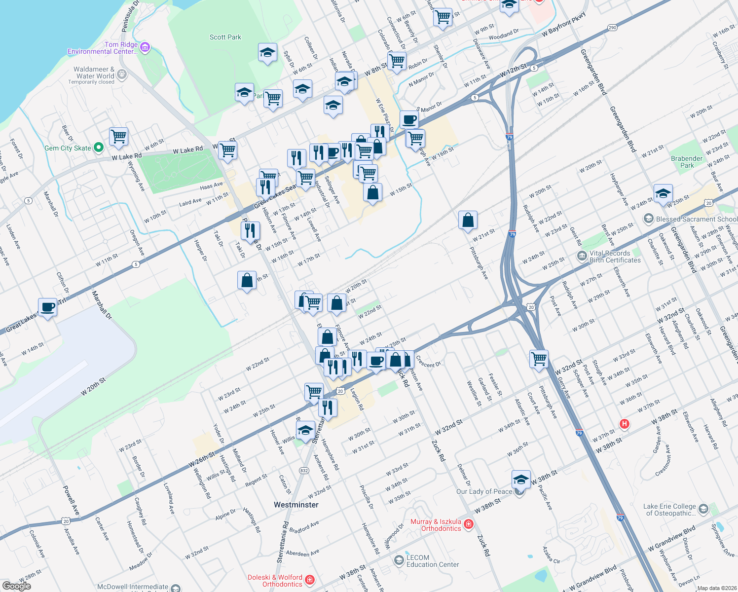 map of restaurants, bars, coffee shops, grocery stores, and more near 2615 W 21st St in Erie
