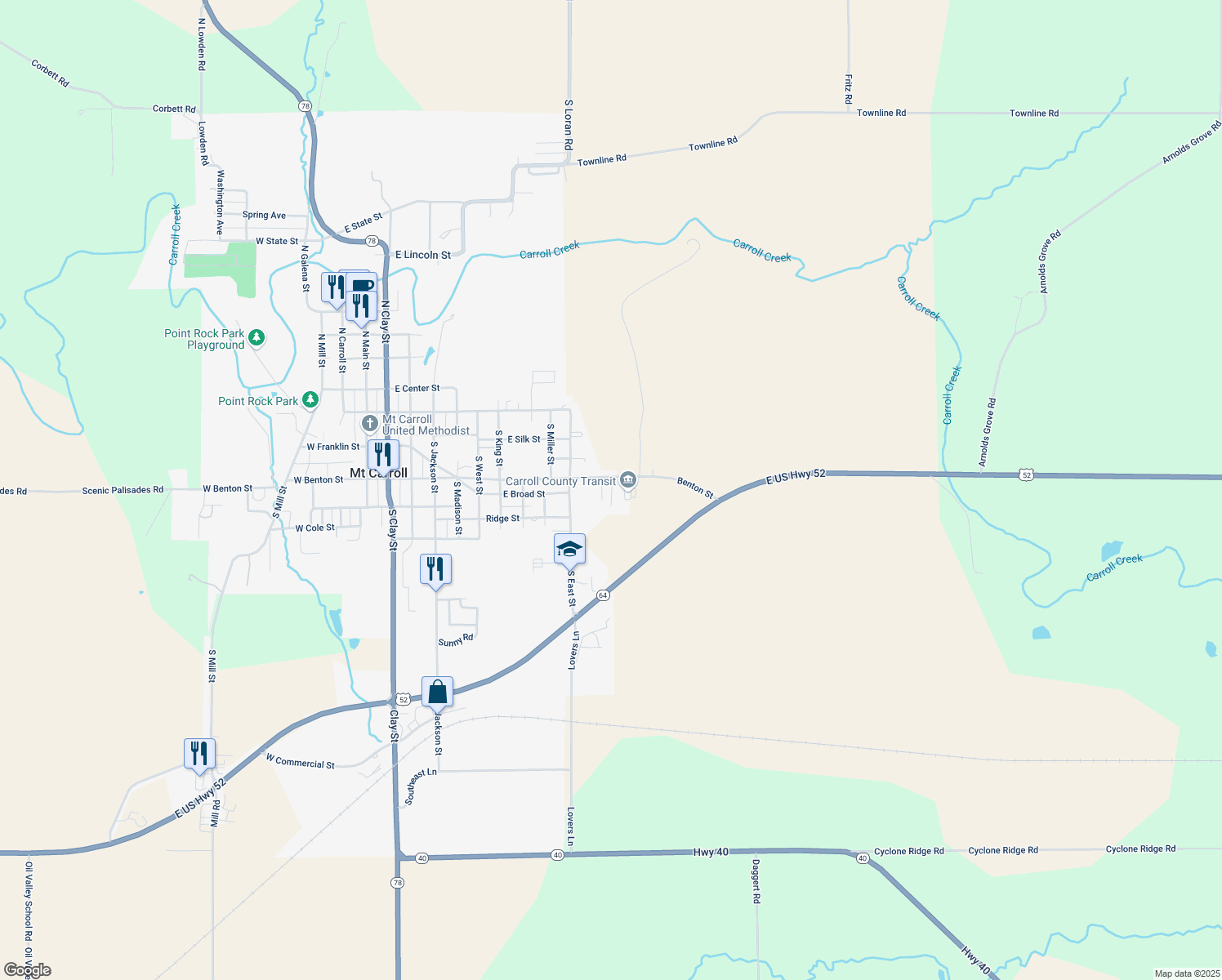 map of restaurants, bars, coffee shops, grocery stores, and more near 500 South Thorton Street in Mount Carroll