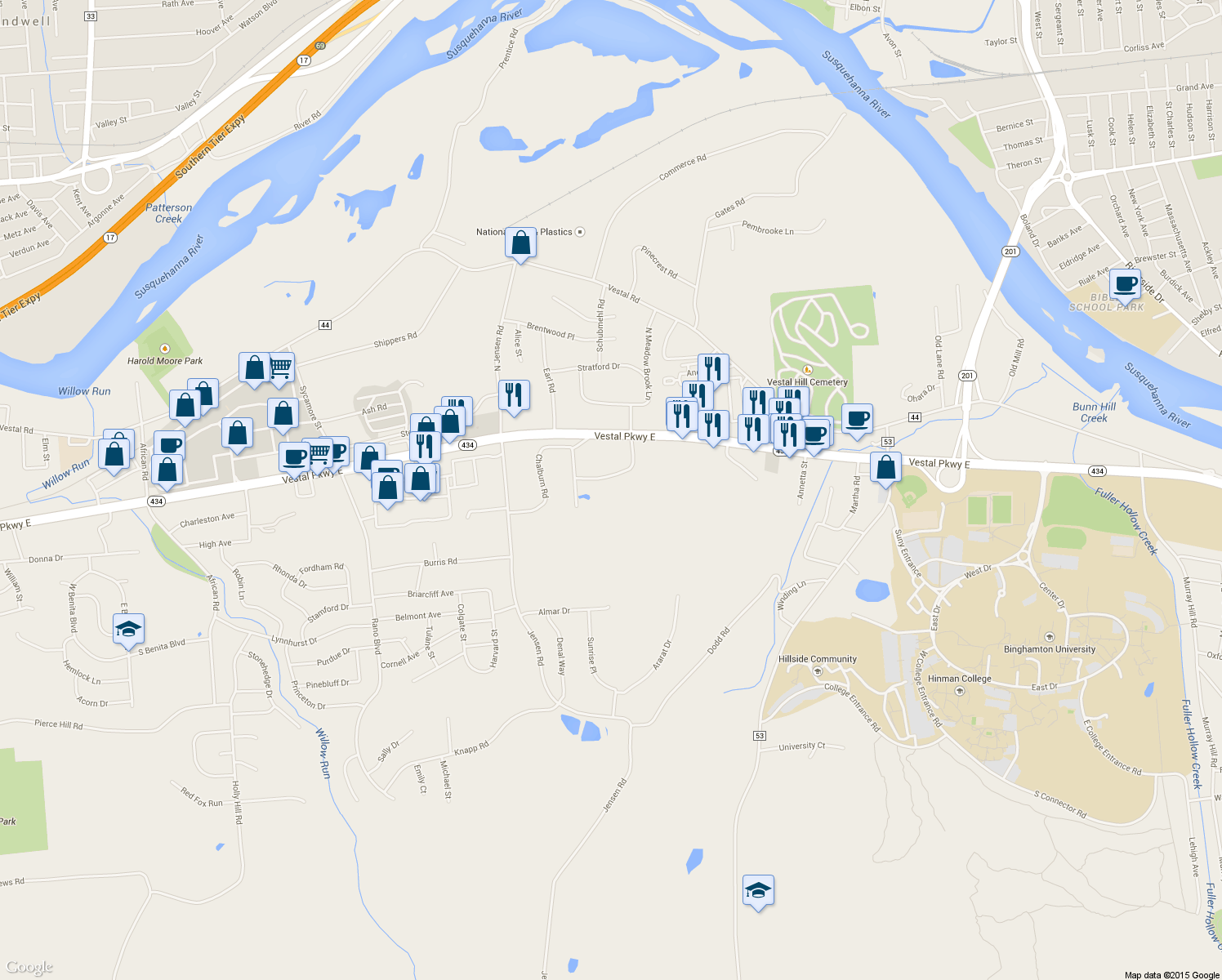 map of restaurants, bars, coffee shops, grocery stores, and more near 129 South Meadowbrook Lane in Vestal