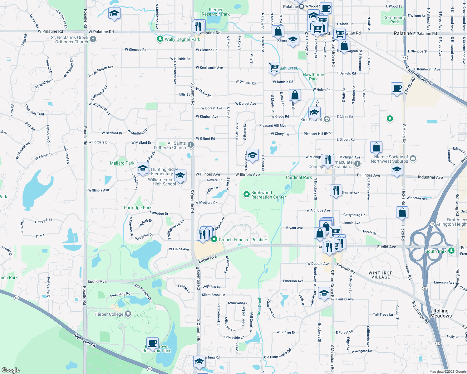 map of restaurants, bars, coffee shops, grocery stores, and more near 511 Revere Lane in Palatine