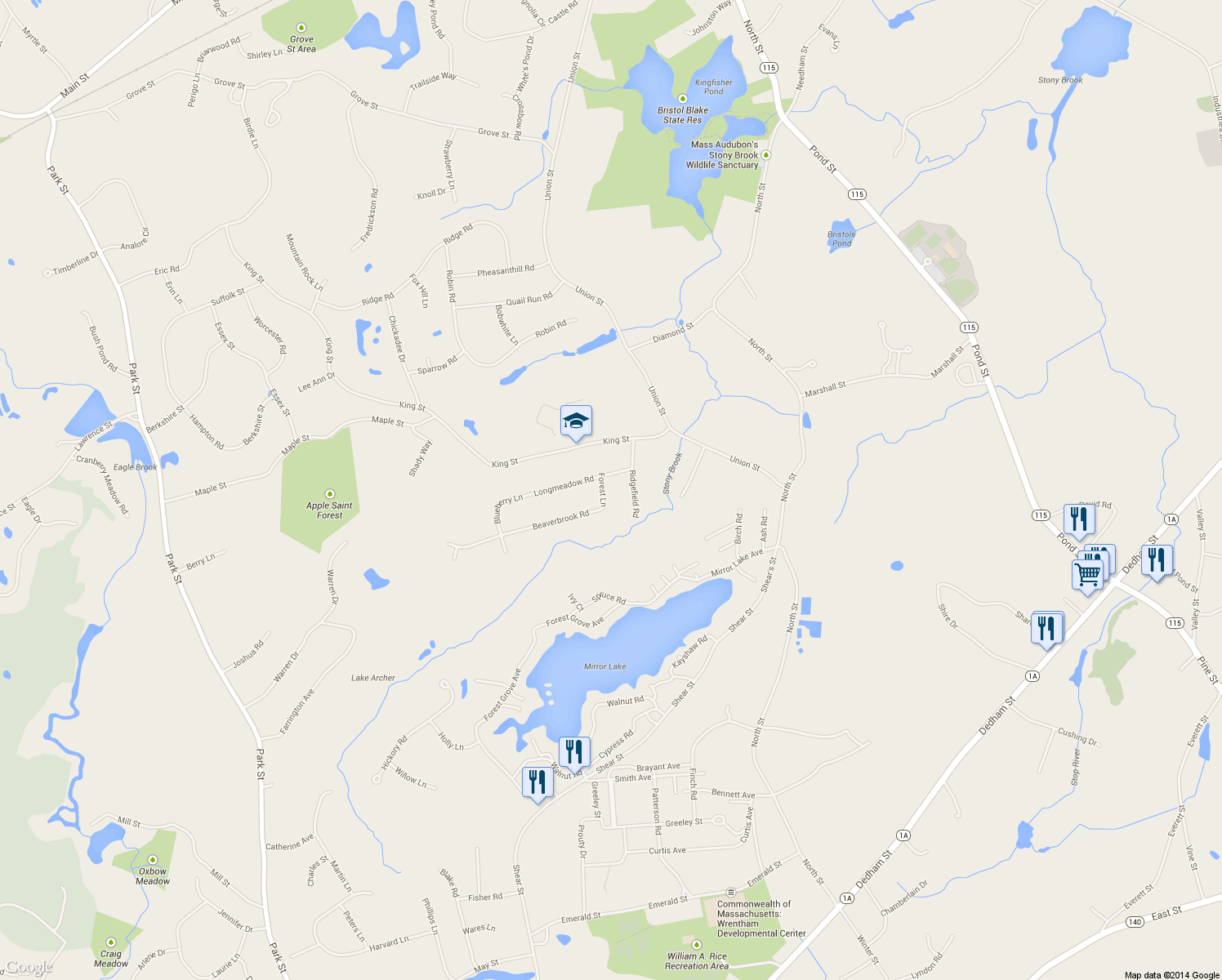 map of restaurants, bars, coffee shops, grocery stores, and more near 1 Forest Ln in Norfolk