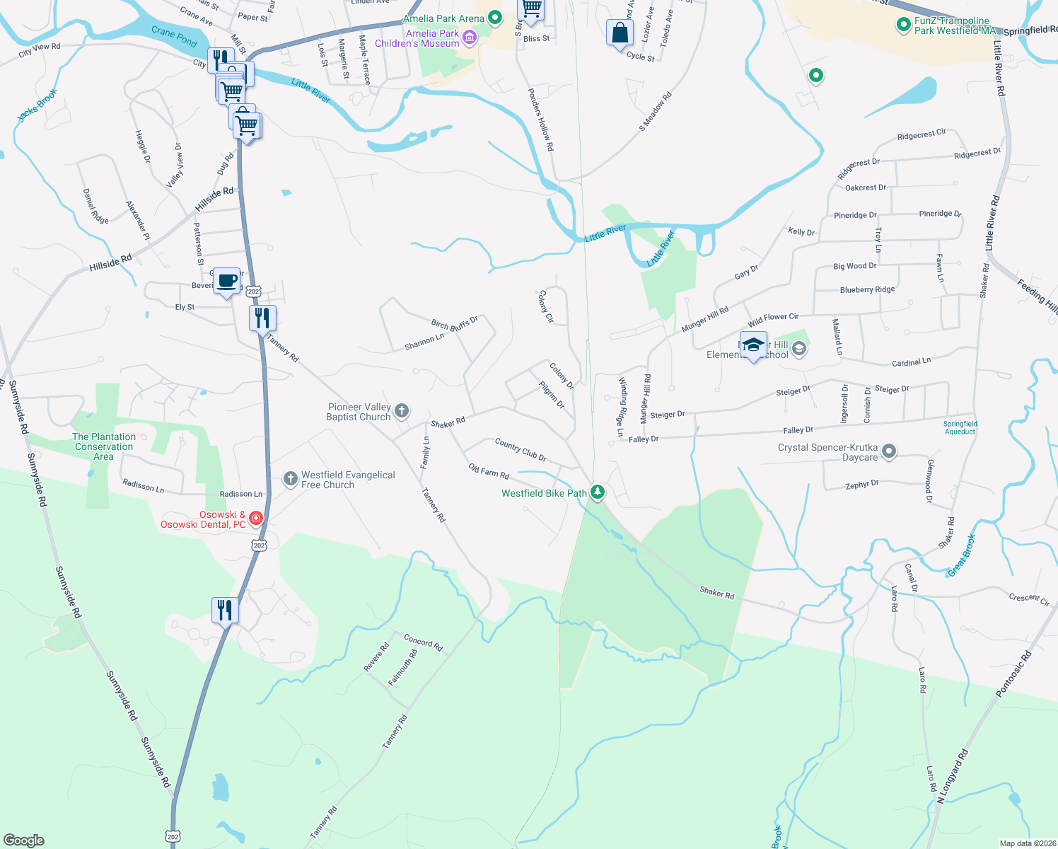 map of restaurants, bars, coffee shops, grocery stores, and more near 1074 Shaker Road in Westfield