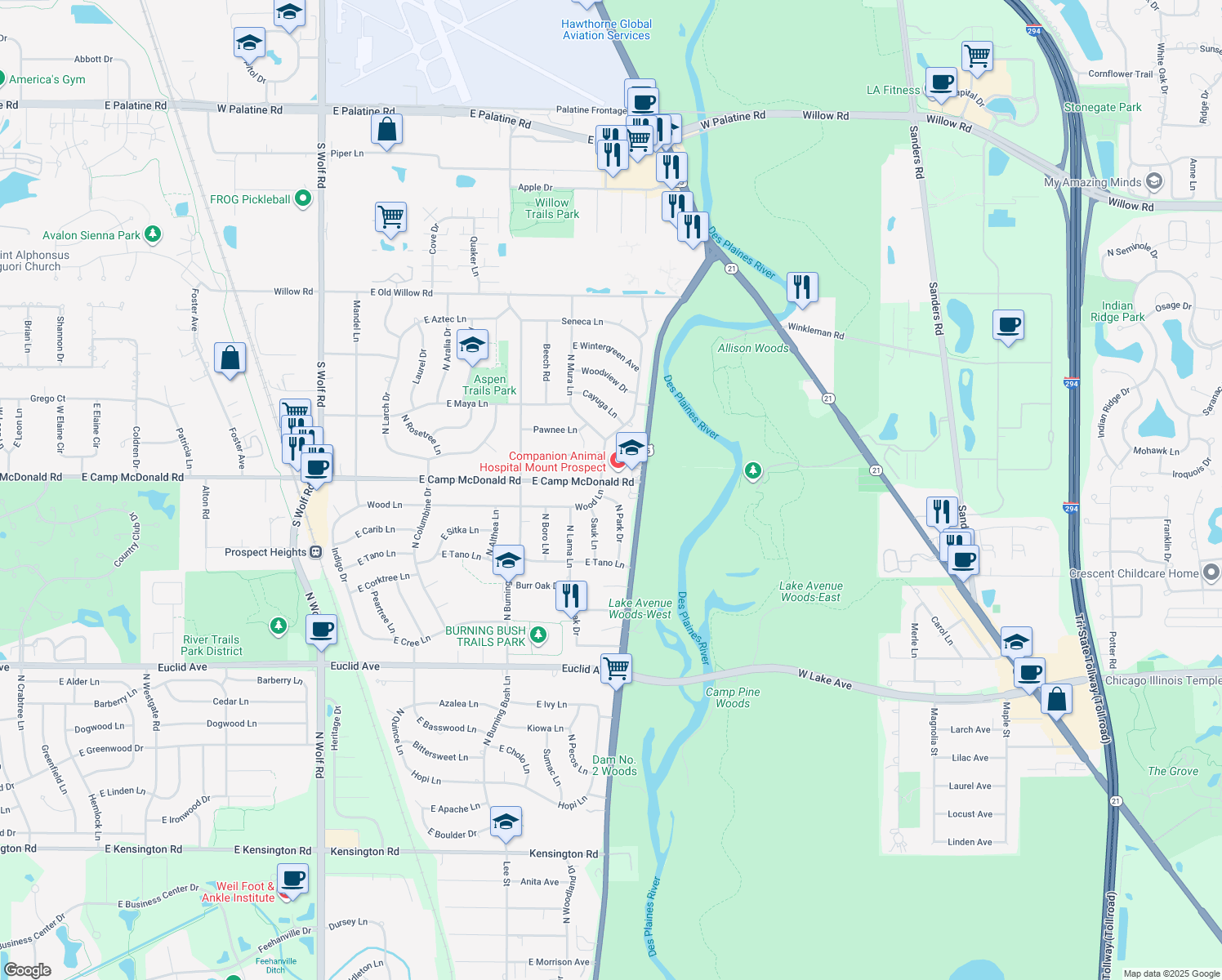 map of restaurants, bars, coffee shops, grocery stores, and more near 1433 North Park Drive in Mount Prospect
