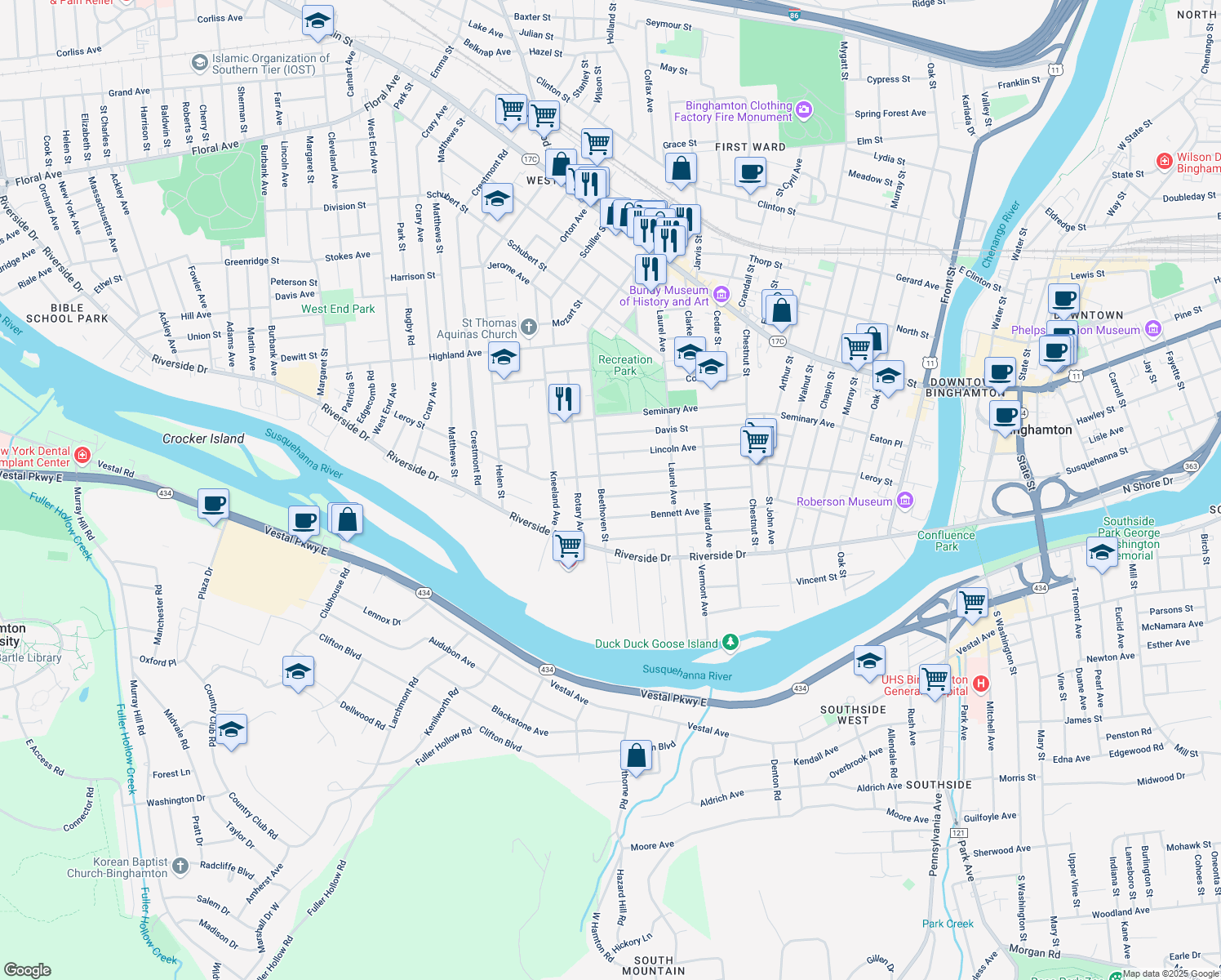 map of restaurants, bars, coffee shops, grocery stores, and more near 74 Lathrop Avenue in Binghamton