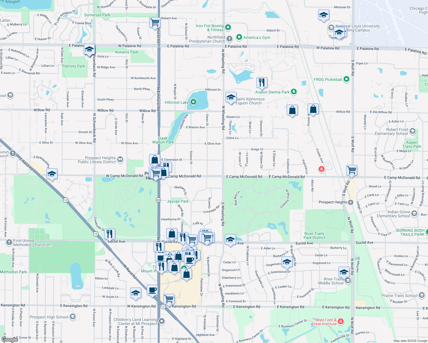 map of restaurants, bars, coffee shops, grocery stores, and more near 304 East Camp McDonald Road in Prospect Heights