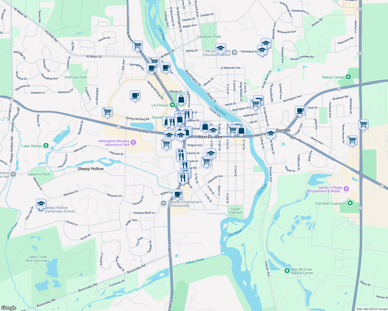map of restaurants, bars, coffee shops, grocery stores, and more near 304 South 7th Street in West Dundee