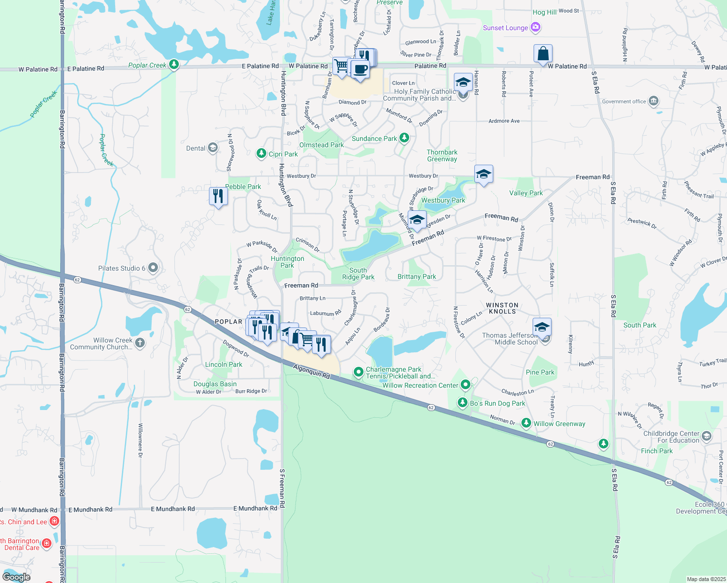 map of restaurants, bars, coffee shops, grocery stores, and more near 3961 Bordeaux Drive in Hoffman Estates