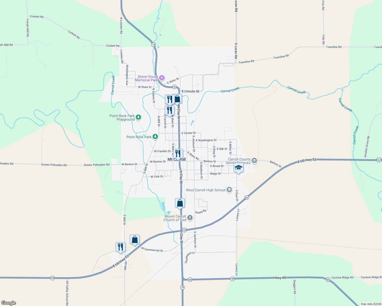 map of restaurants, bars, coffee shops, grocery stores, and more near 108 E State Rd in Mt Carroll