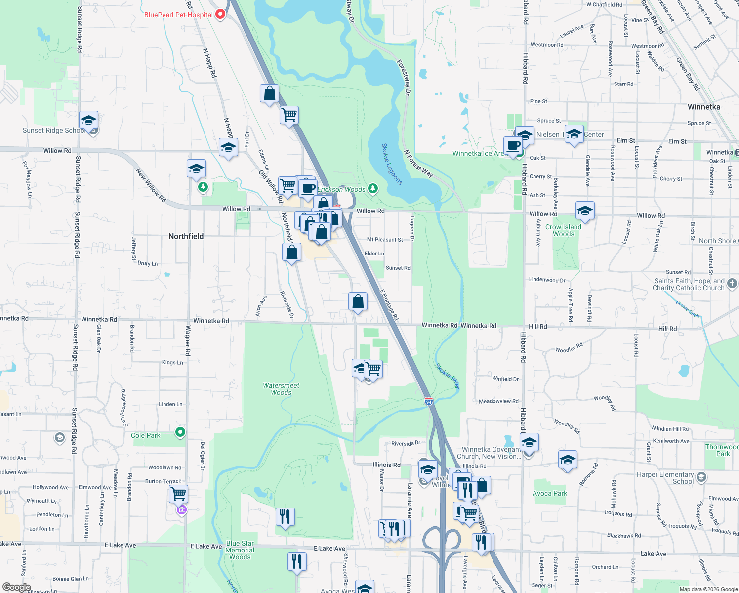 map of restaurants, bars, coffee shops, grocery stores, and more near 1633 Harding Road in Northfield