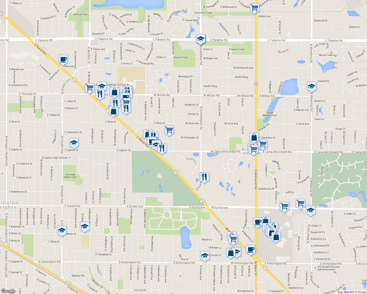 map of restaurants, bars, coffee shops, grocery stores, and more near 414 West Camp McDonald Road in Prospect Heights