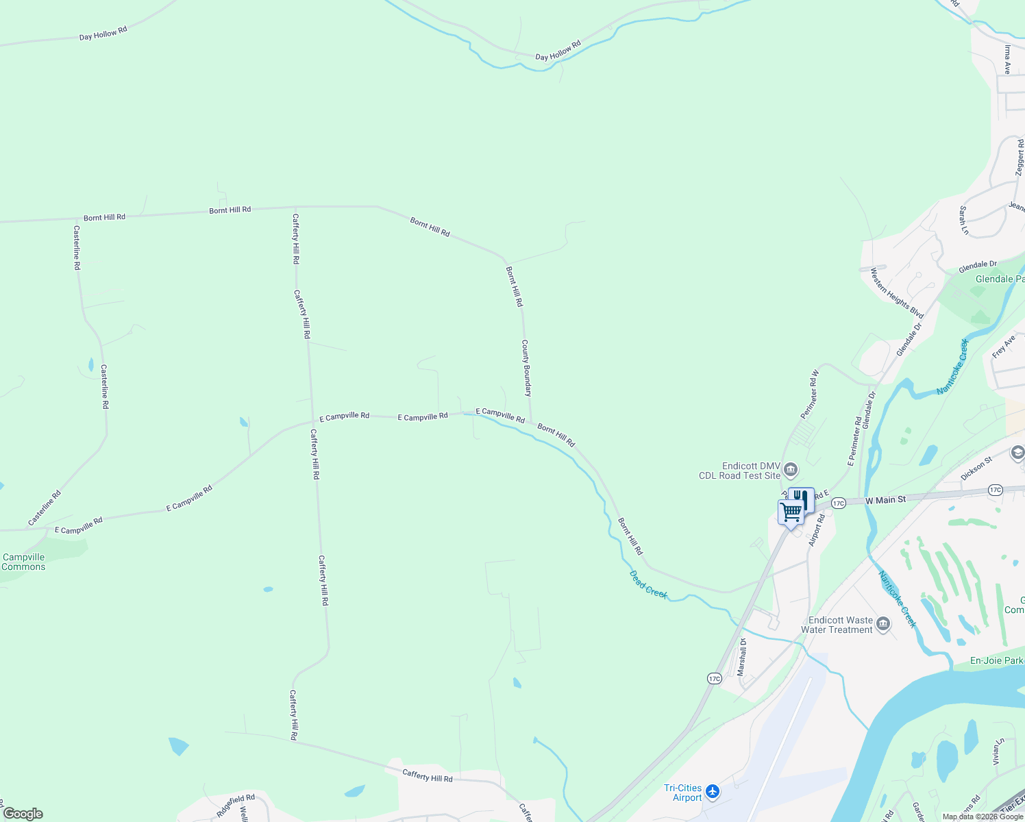 map of restaurants, bars, coffee shops, grocery stores, and more near 1237 Bornt Hill Road in Endicott