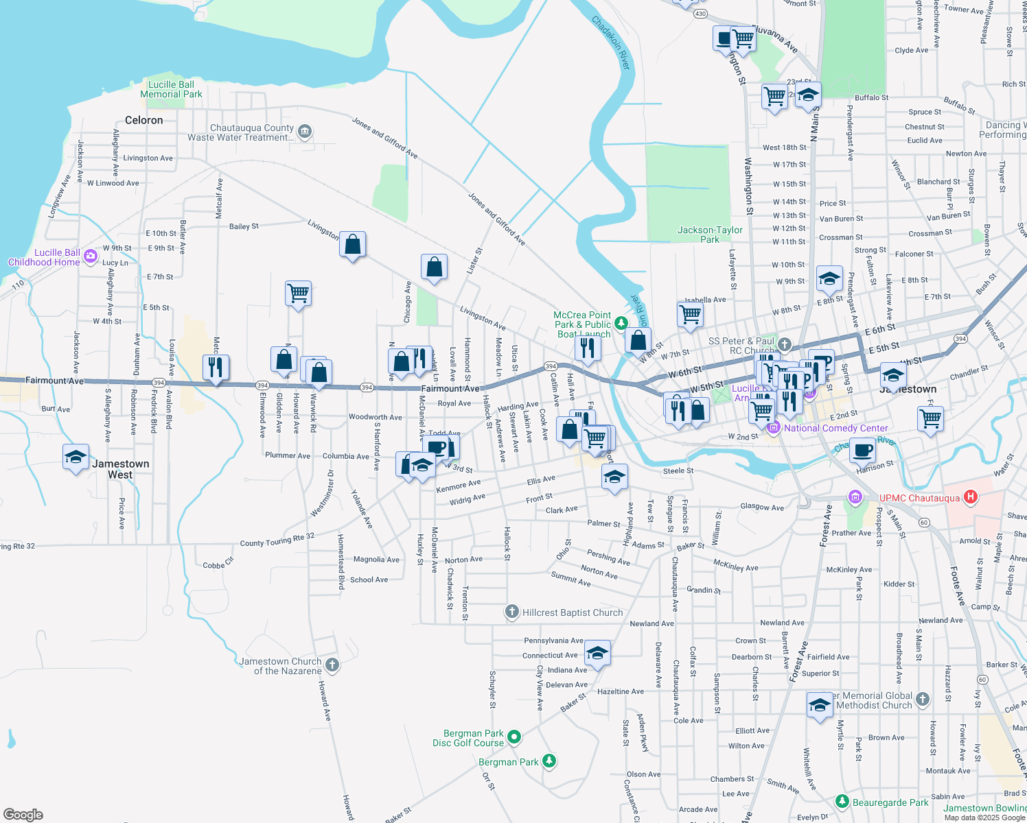 map of restaurants, bars, coffee shops, grocery stores, and more near 509 Harding Ave in Jamestown