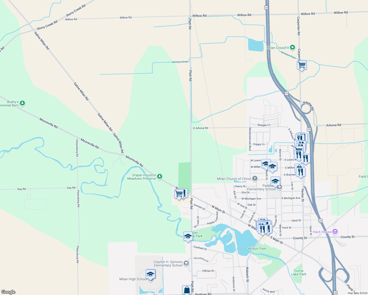 map of restaurants, bars, coffee shops, grocery stores, and more near 13212 Platt Road in Milan