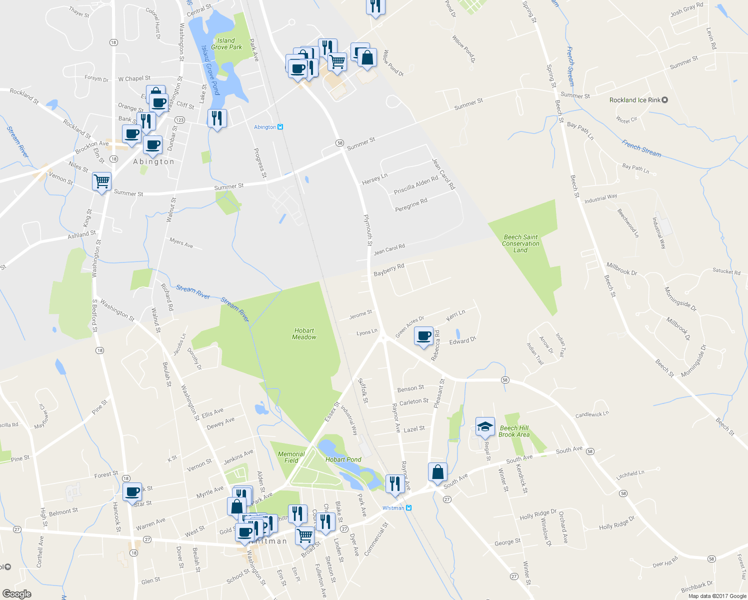 map of restaurants, bars, coffee shops, grocery stores, and more near 709 Plymouth Street in Whitman