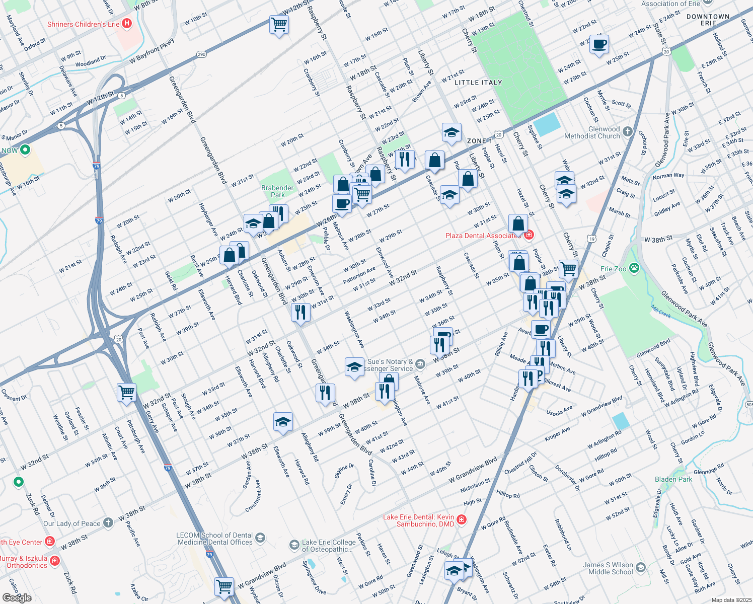 map of restaurants, bars, coffee shops, grocery stores, and more near 1376 W 33rd St in Erie