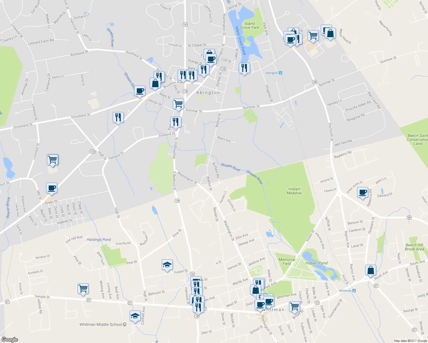 map of restaurants, bars, coffee shops, grocery stores, and more near 125 Richard Road in Abington