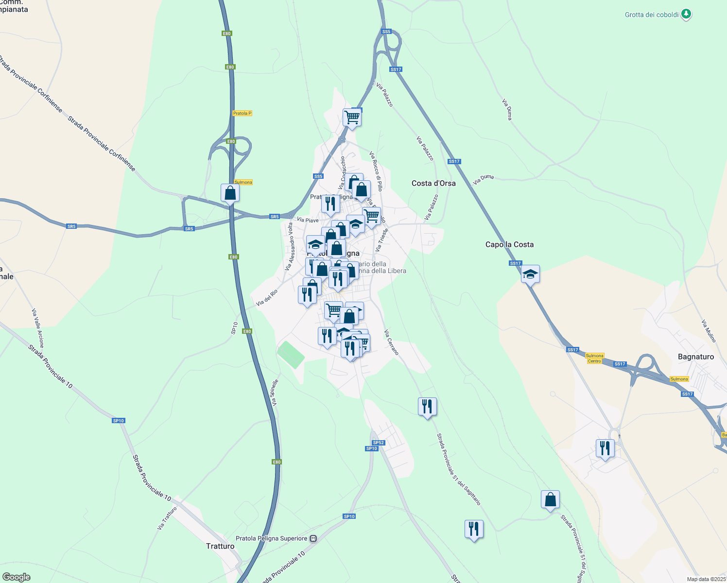 map of restaurants, bars, coffee shops, grocery stores, and more near 6 Via Venezia in Pratola Peligna