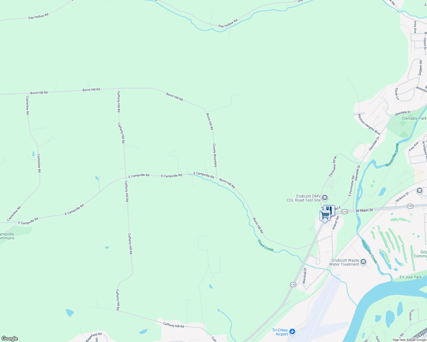 map of restaurants, bars, coffee shops, grocery stores, and more near 1237 Bornt Hill Rd in Endicott