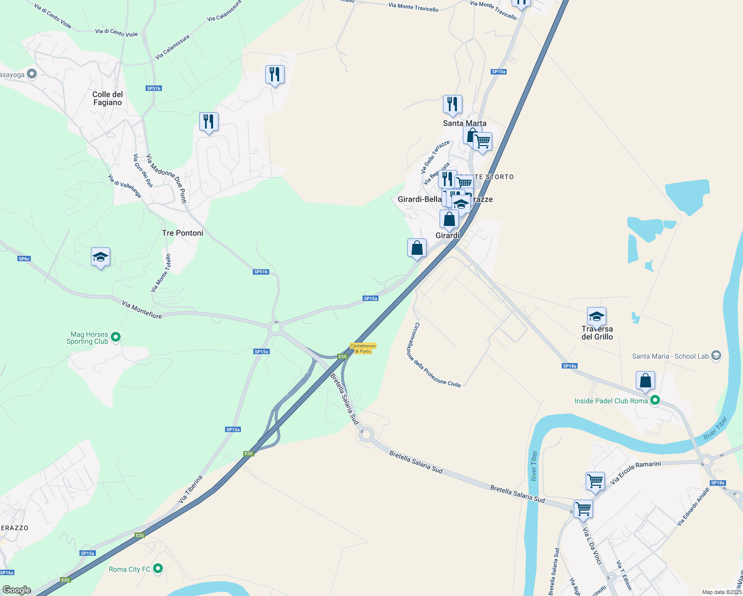 map of restaurants, bars, coffee shops, grocery stores, and more near 13 Via Tiberina in Città metropolitana di Roma Capitale