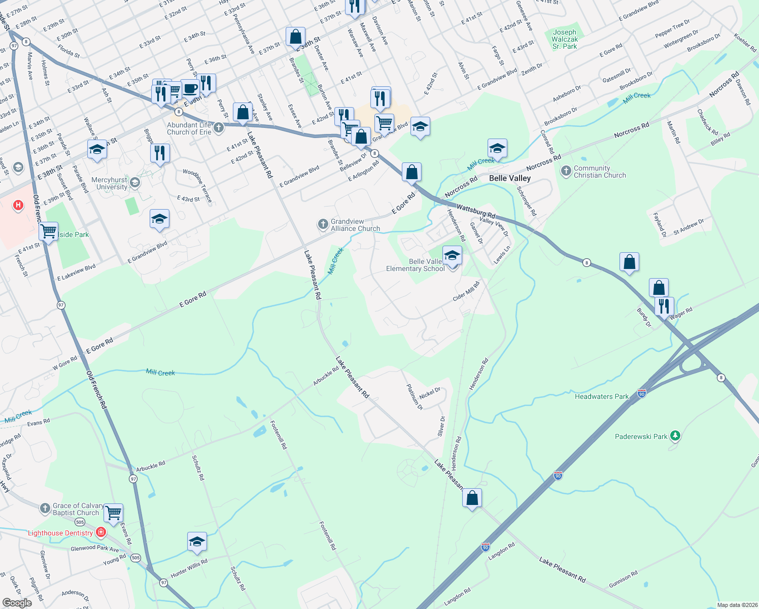 map of restaurants, bars, coffee shops, grocery stores, and more near 1122 Jonathan Dr in Erie