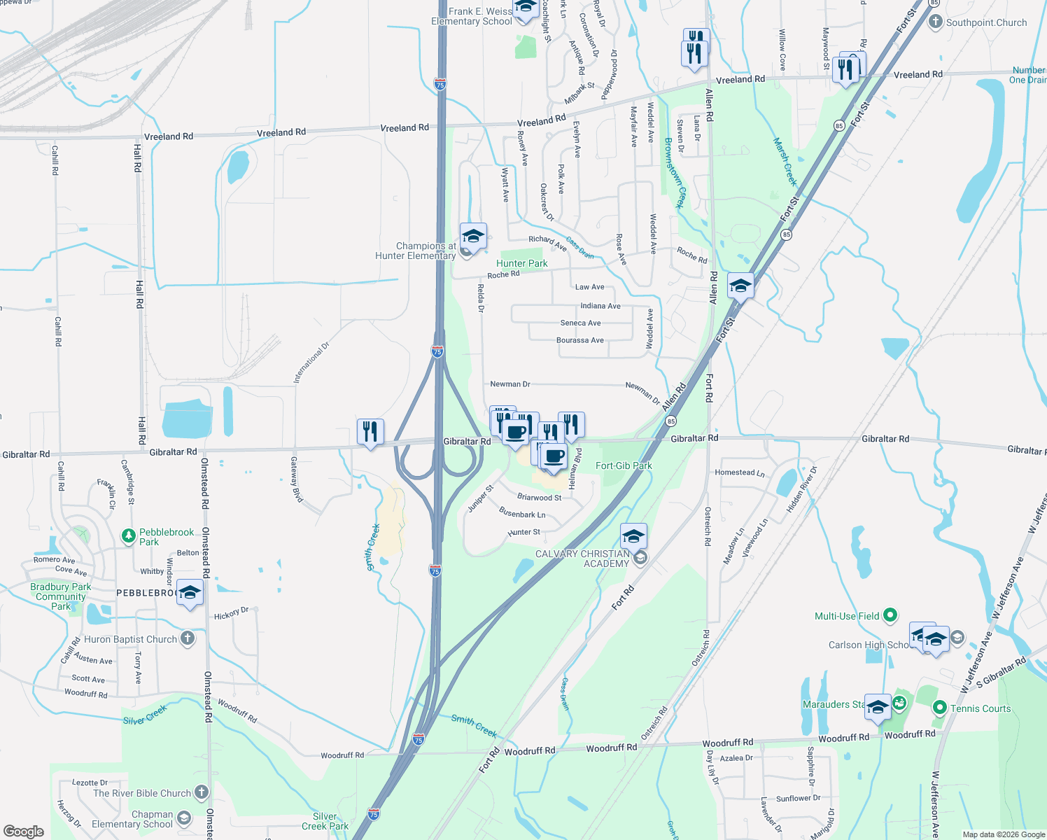 map of restaurants, bars, coffee shops, grocery stores, and more near 20796 Gibraltar Road in Brownstown Charter Township