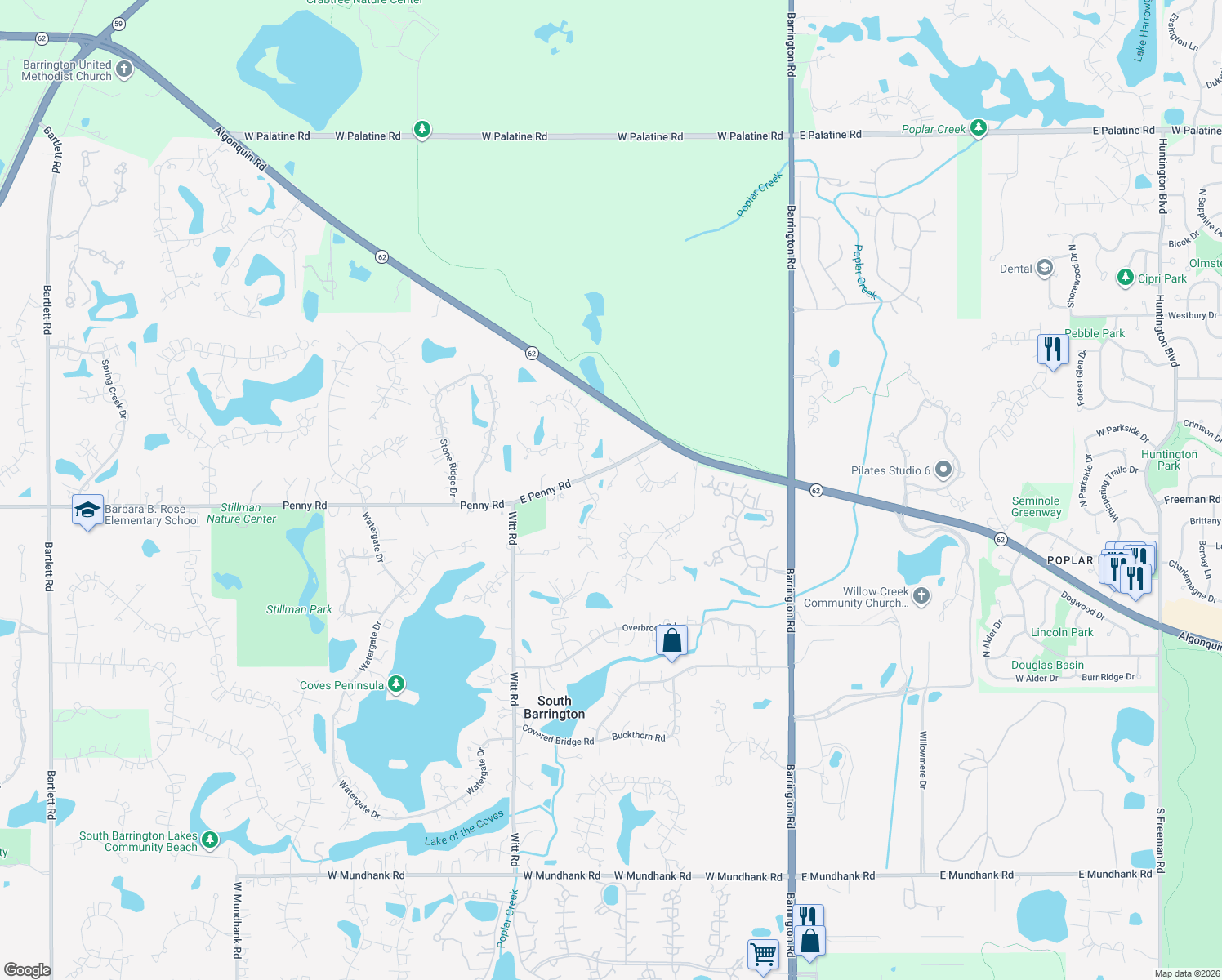 map of restaurants, bars, coffee shops, grocery stores, and more near 12 East Penny Road in South Barrington