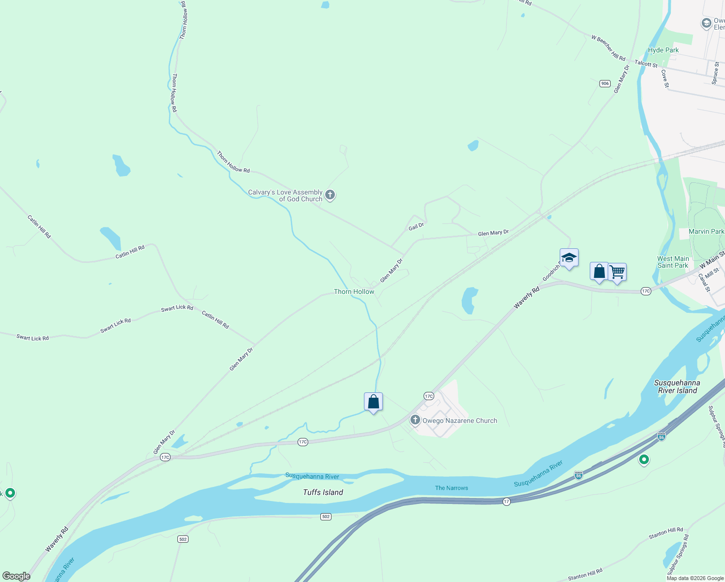 map of restaurants, bars, coffee shops, grocery stores, and more near 173 County Road 906 in Owego