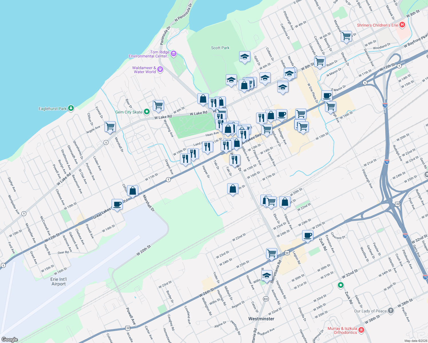 map of restaurants, bars, coffee shops, grocery stores, and more near 1201 Wana Dr in Erie