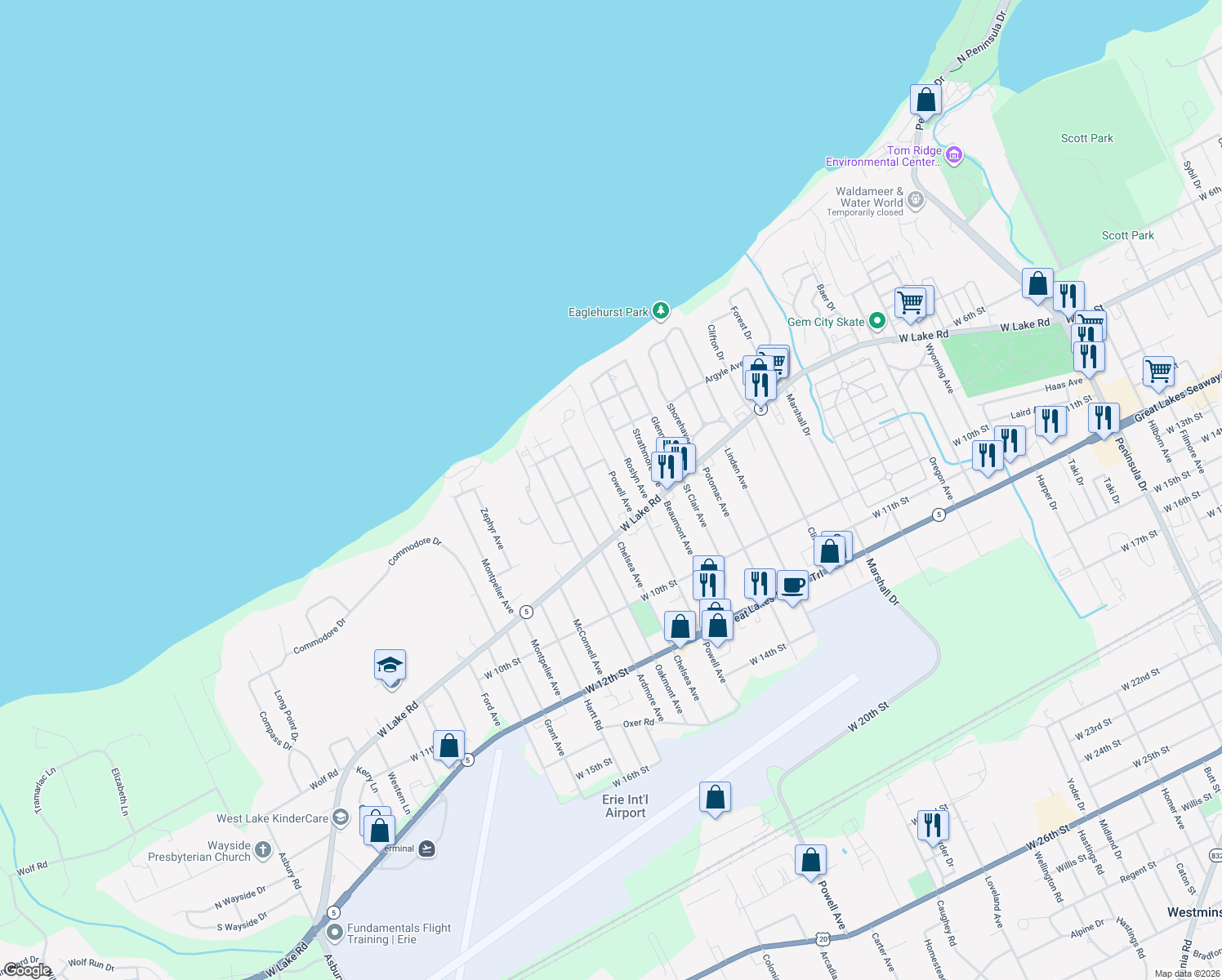 map of restaurants, bars, coffee shops, grocery stores, and more near 614 Powell Avenue in Erie
