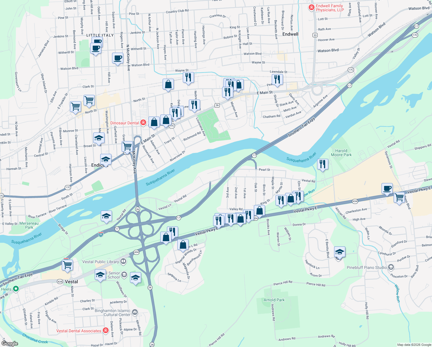 map of restaurants, bars, coffee shops, grocery stores, and more near 1224 Edward St in Vestal