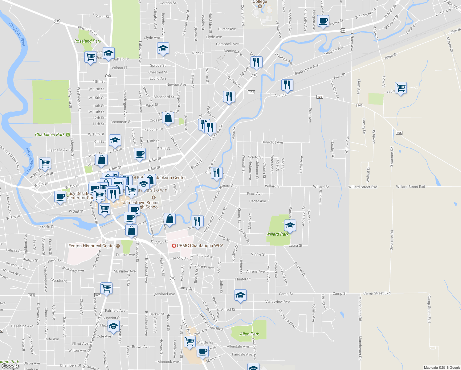 map of restaurants, bars, coffee shops, grocery stores, and more near 225 Barrows Street in Jamestown