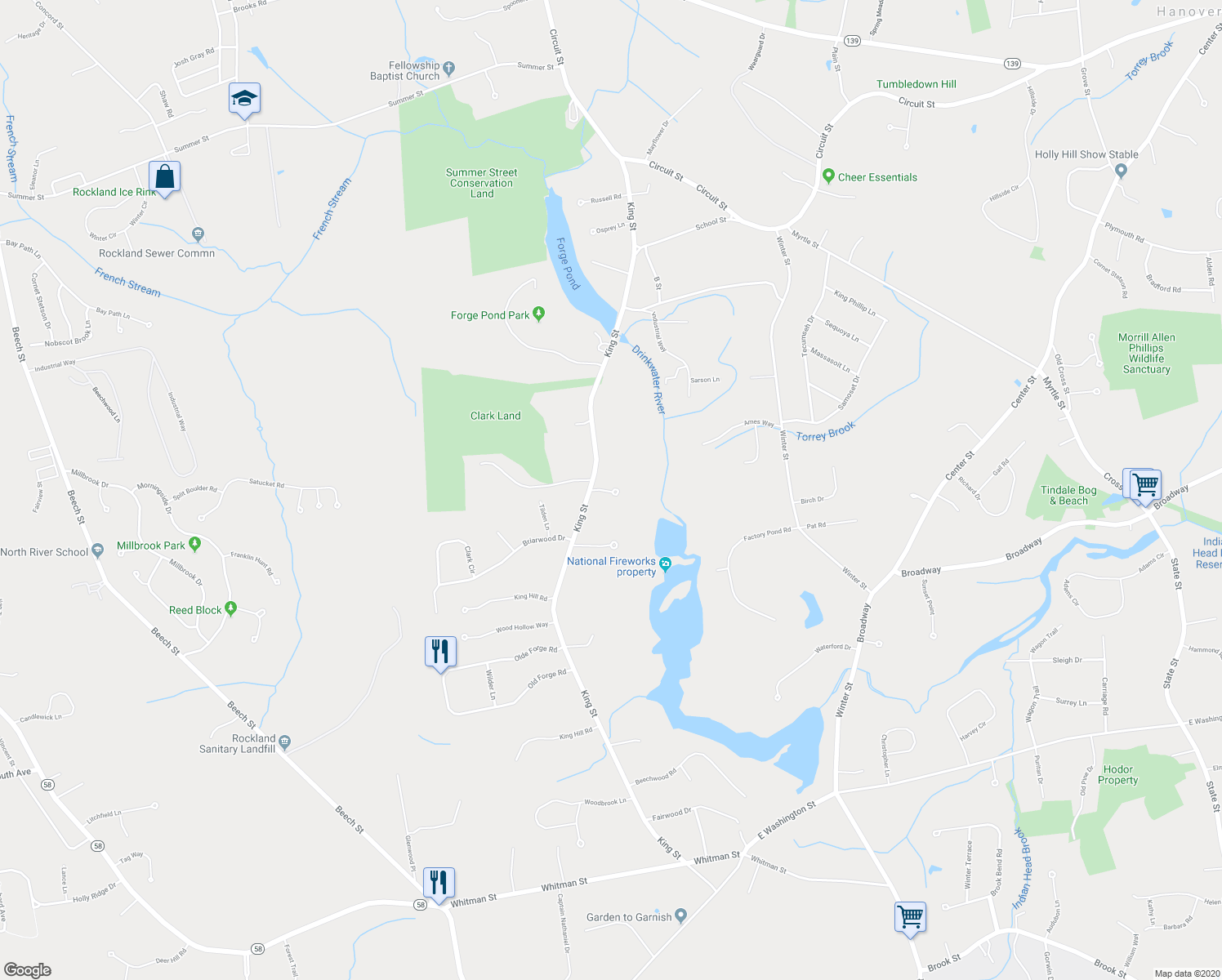 map of restaurants, bars, coffee shops, grocery stores, and more near 26 Townsend Woods Drive in Hanover