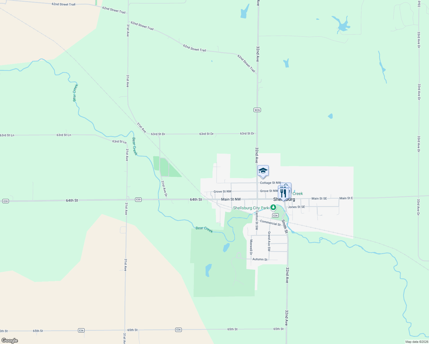 map of restaurants, bars, coffee shops, grocery stores, and more near 208 Northgate St NW in Shellsburg