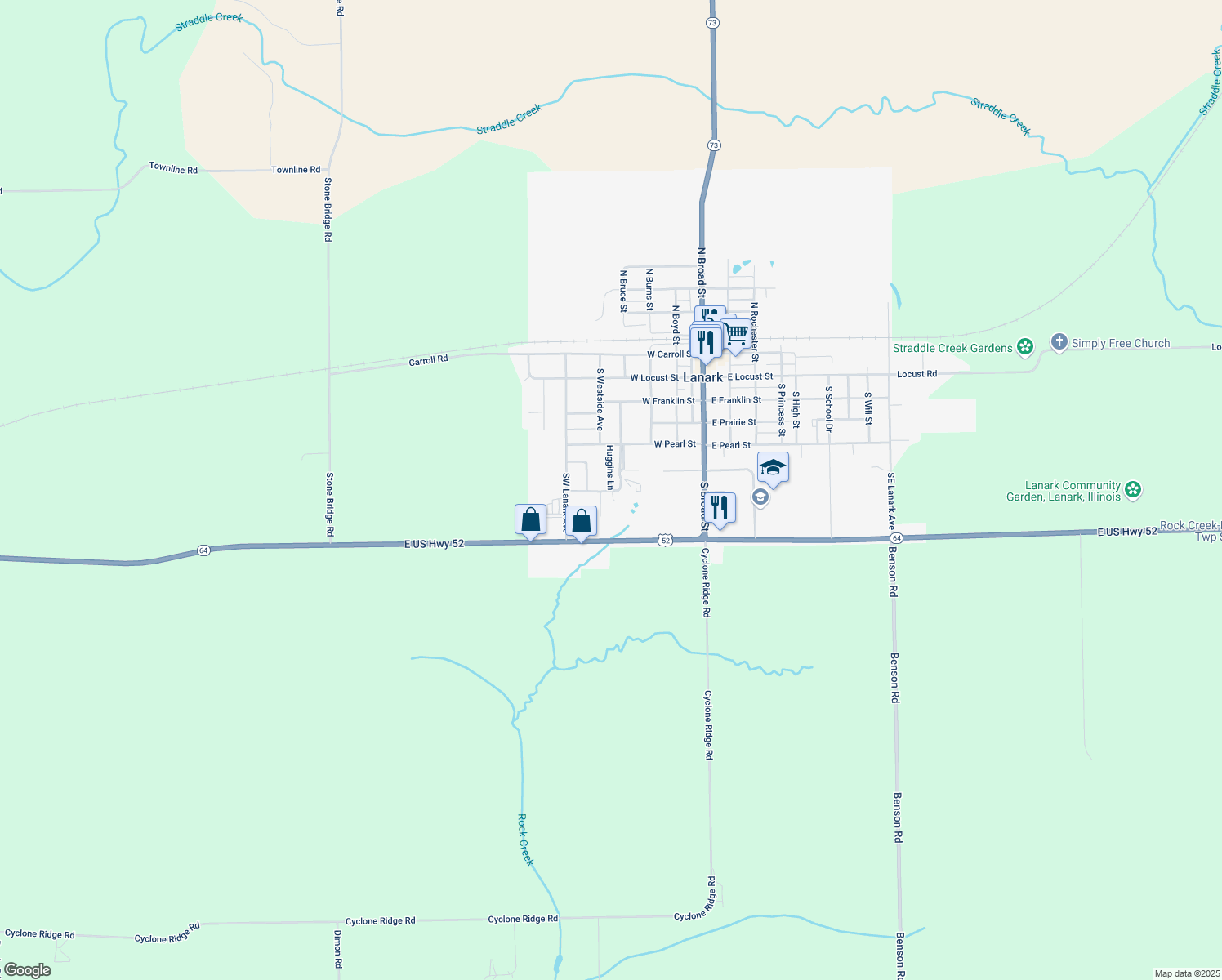map of restaurants, bars, coffee shops, grocery stores, and more near 598 Huggins Ln in Lanark