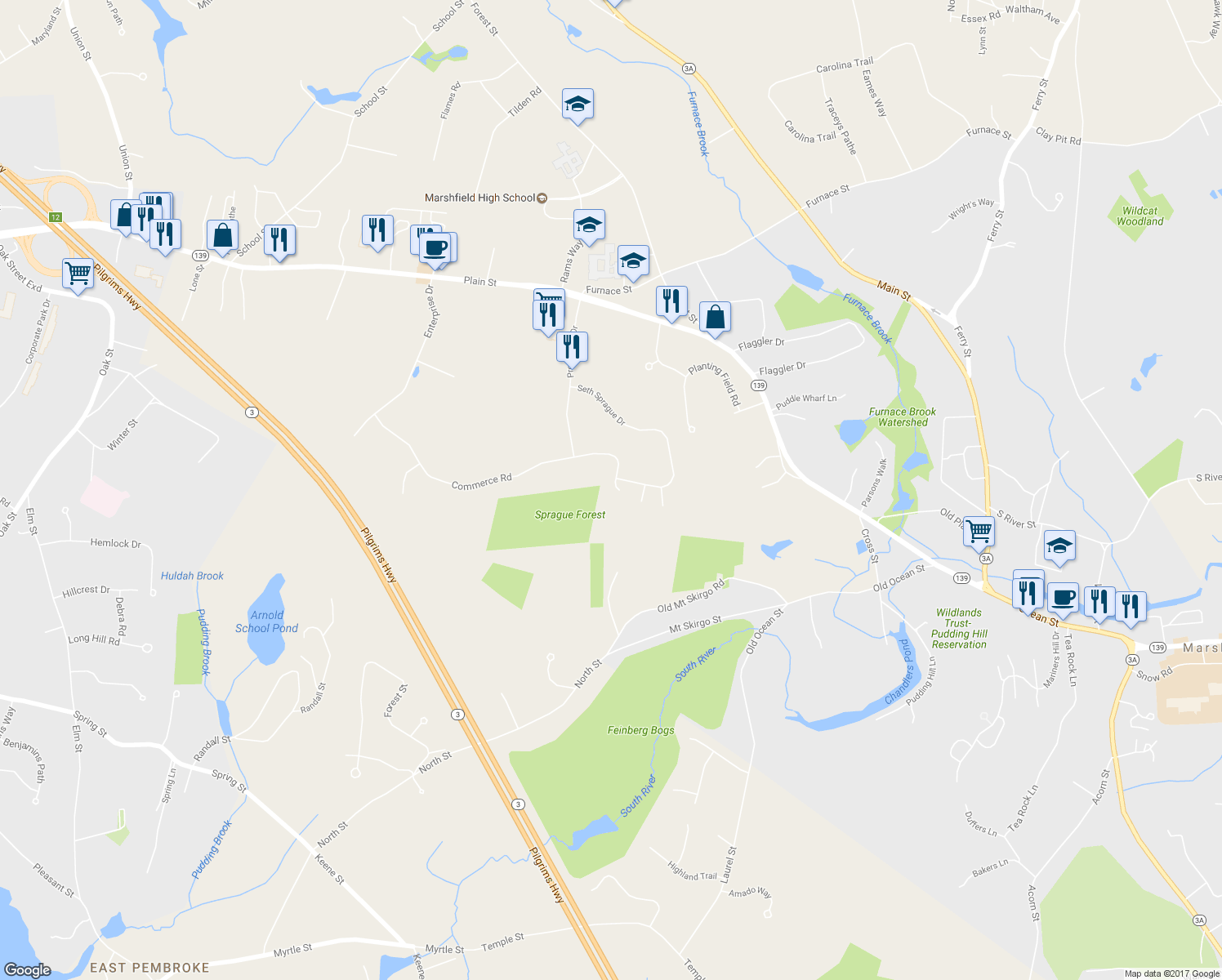 map of restaurants, bars, coffee shops, grocery stores, and more near 21 Old Woodlot Lane in Marshfield